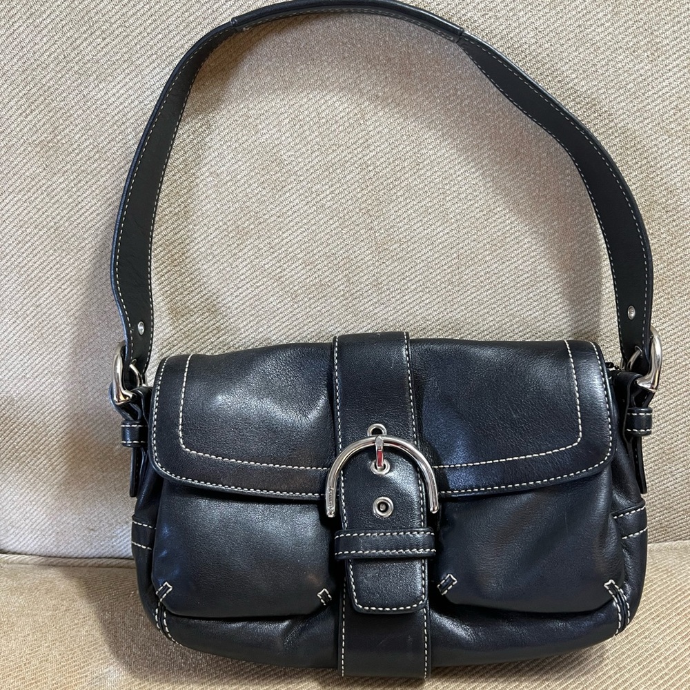 Coach Handbag Black Leather with Silver Buckles